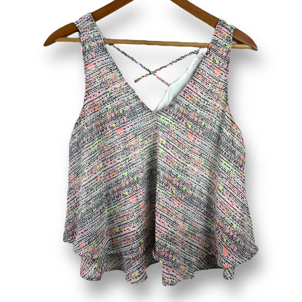 Lush Women's Size L Tiered Tank Top Black Neon Abstract Print Criss Cross Flowy